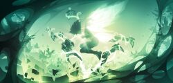 1girl artist_logo artist_name barefoot breasts creature firefly_(honkai:_star_rail) from_side full_body green_theme highres honkai:_star_rail honkai_(series) insect_wings logo long_hair medium_breasts nude plant shade_of_a_cat silhouette solo vines wings