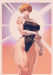 1girl abs absurdres bandaged_arm bandages bare_legs bare_shoulders black_leotard blonde_hair blush breasts cameltoe closed_eyes covered_erect_nipples covered_navel cowboy_shot curvy hair_between_eyes highleg highleg_leotard highres large_breasts leotard light_smile looking_at_viewer muscular muscular_female obliques original short_hair sleeveless_turtleneck_leotard solo spoiledmuffin standing thick_eyelashes thick_thighs thighs toned