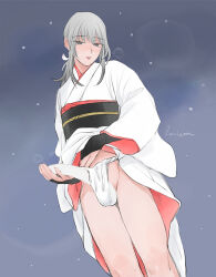 1boy bare_legs blank_censor censored clothes_lift clothing_aside cowboy_shot crossdressing erection fundoshi fundoshi_aside grey_eyes grey_hair japanese_clothes kimono kimono_lift lemicon long_hair low_ponytail obi original penis_grab ponytail sash seductive_gaze seductive_smile sidelocks smile trap white_kimono