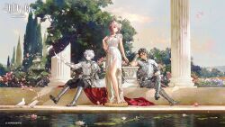 1girl 2boys alternate_costume architecture arknights arm_rest armor bird breasts brown_hair character_request column commentary_request dress flower greco-roman_architecture greco-roman_clothes highres horns lin_(arknights) looking_at_viewer lotus medium_breasts multiple_boys official_art outdoors pillar pond qanipalaat_(arknights) short_hair sitting standing wan_qing_(arknights) white_bird white_dress yyb