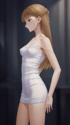 1girl artist_name bare_legs blurry blurry_background breasts brown_hair camisole commentary covered_erect_nipples earrings from_side gundam gundam_wing highres jewelry long_hair medium_breasts miura-n315 no_bra relena_peacecraft solo strap_slip thighs tight_clothes twitter_username white_camisole