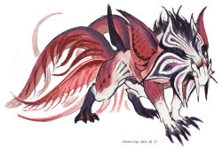 all_fours bad_link black_claws black_fur colored_skin dated deerchip full_body horns mane monster monster_focus multicolored_skin multiple_horns multiple_tails no_humans original red_skin simple_background solo spikes tail tendril twitter_username two_tails white_background white_skin