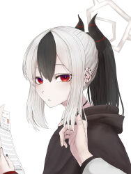 1girl 1other absurdres backlighting barbell_piercing black_choker black_hair black_hoodie black_horns black_nails blue_archive bright_pupils choker commentary_request demon_girl demon_horns double-parted_bangs ear_piercing earrings eyelashes from_side grey_halo hair_between_eyes halo hand_in_another&#039;s_hair hand_up highres holding holding_paper hood hood_down hoodie hoop_earrings horns indoors industrial_piercing jewelry kayoko_(blue_archive) light_blush long_sleeves looking_at_viewer medium_hair multicolored_hair nail_polish paper parted_lips piercing ponytail red_eyes shitsugaikotsu sitting solo_focus straight_hair two-tone_hair upper_body white_background white_hair white_pupils window