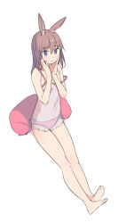 1girl :t animal_ear_fluff animal_ears bare_arms bare_legs bare_shoulders barefoot blue_eyes blush brown_hair camisole closed_mouth cushion full_body hair_between_eyes hands_up highres long_hair original panties pink_panties rabbit_ears saiste see-through_clothes simple_background sitting solo strap_slip underwear underwear_only white_background