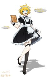 1boy :d absurdres ahoge alternate_costume aotu_world apron artist_name black_choker black_dress black_shoes black_thighhighs blonde_hair blue_eyes bow bowtie chinese_commentary chinese_text choker clipboard crossdressing crossdressing_(mtf) dress enmaided fang frilled_apron frilled_dress frills full_body greyking52499 hair_between_eyes high_heels highres holding holding_clipboard king_(aotu_world) leg_up looking_at_viewer maid maid_apron maid_headdress male_focus open_mouth pointy_ears puffy_short_sleeves puffy_sleeves shadow shoes short_hair short_sleeves simple_background single_thighhigh smile solo speech_bubble spiked_hair standing standing_on_one_leg teeth thigh_strap thighhighs trap upper_teeth_only waist_apron white_apron white_background white_bow white_bowtie wrist_cuffs