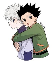 2boys :p arms_around_neck belt belt_buckle black_belt black_hair blue_eyes blue_shirt brown_eyes buckle closed_mouth commentary_request cropped_legs cropped_torso gon_freecss green_jacket green_pants highres hunter_x_hunter jacket killua_zoldyck layered_sleeves long_sleeves looking_at_viewer looking_back male_focus multiple_boys orange_trim pants sha_nato shirt short_over_long_sleeves short_sleeves tongue tongue_out turtleneck twitter_username white_hair white_shirt