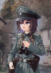1girl alternate_costume badge bag belt belt_buckle belt_pouch binoculars black_hat black_jacket black_ribbon breast_pocket brown_bag brown_belt brown_hair buckle building buttons chinese_commentary collar_tabs collared_jacket collared_shirt colored_inner_hair commentary cuff_title dated day door fingernails gas_mask_canister girls&#039;_frontline grey_hat grey_jacket hair_between_eyes hat hat_ornament highres holster house huihuang_rongyao insignia jacket light_purple_hair long_sleeves looking_afar looking_to_the_side medium_hair military military_hat military_jacket military_uniform mixed-language_commentary multicolored_hair multicolored_jacket multicolored_ribbon nazi open_mouth outdoors p38_(girls&#039;_frontline) patch peaked_cap pink_nails pocket pouch purple_eyes red_ribbon reichsadler ribbon shirt shoulder_bag shoulder_boards shoulder_patch siegrunen signature skull_and_crossbones skull_hat_ornament solo ss_insignia suspenders totenkopf tree two-tone_hair two-tone_hat two-tone_jacket upper_body waffen-ss white_ribbon white_shirt world_war_ii