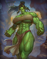 1girl abs black_hair breasts chest_sarashi clenched_hands colored_skin female_orc green_skin high_ponytail highres huge_breasts loincloth long_hair looking_at_viewer muscular muscular_female orc original pelvic_curtain pointy_ears ponytail sarashi scar solo tusks xevious_art