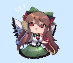 1girl animal_ears arm_cannon arm_up black_wings blue_background bow breasts brown_hair cape cat_ears chibi chibi_only collared_shirt commentary_request frilled_shirt_collar frilled_skirt frills full_body fusion green_bow green_skirt hair_between_eyes hair_bow heart heart_of_string kaenbyou_rin komeiji_koishi komeiji_satori large_breasts long_hair puffy_short_sleeves puffy_sleeves red_bow red_eyes reiuji_utsuho shirt short_sleeves skirt solo third_eye touhou unime_seaflower very_long_hair weapon white_cape white_shirt wings