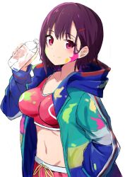 Rule 34 | 1girl, blue jacket, blush, bottle, breasts, closed mouth, collarbone, commentary request, cowboy shot, crop top, eyelashes, hair behind ear, hair ornament, hairclip, hand in pocket, hand up, highres, holding, holding bottle, hood, hood down, hooded jacket, impossible clothes, jacket, large breasts, long sleeves, looking at viewer, mikazuki shizuka, multicolored jacket, navel, paint splatter, paint splatter on face, pink shirt, poteto furai, purple hair, red eyes, shirt, short hair, simple background, smile, solo, water bottle, white background, zom 100: zombie ni naru made ni shitai 100 no koto