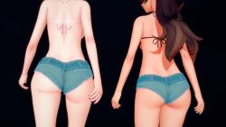 2girls 3d amber_(genshin_impact) animated ass ass_focus backboob bikini bikini_top_only black_background blue_eyes blue_nails breasts brown_hair eula_(genshin_impact) female_focus genshin_impact huge_ass large_breasts long_hair medium_breasts multiple_girls nail_polish short_hair short_shorts shorts simple_background sirspy swimsuit video walking