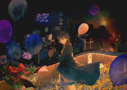 1boy absurdres balloon bird black_coat black_hair bow coat decorations ensemble_stars! fireworks flower hair_between_eyes hand_up happy_birthday highres leaf long_coat medium_hair on_rooftop open_mouth pants red_bow red_eyes red_ribbon ribbon ringein sakuma_rei_(ensemble_stars!) smile solo white_pants