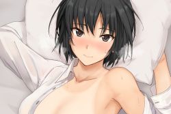 1girl amagami arm_behind_head armpits black_hair blush brown_eyes looking_at_another lying mobu nanasaki_ai no_bra nose_blush off_shoulder on_back open_clothes out-of-frame_censoring pillow pov shirt short_hair solo sweat tan tanline upper_body white_shirt