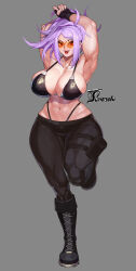 1girl abs absurdres arms_up artist_name black_gloves boots breasts character_request cleavage curvy fangs fingerless_gloves full_body gloves goggles grey_background highres huge_breasts leg_up navel piercing purple_hair red_eyes simple_background solo thick_thighs thighs ti_tentacle tongue_piercing waifusplit wide_hips