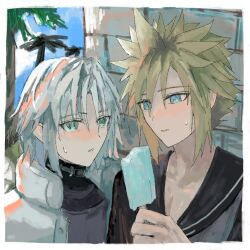 Rule 34 | 2boys, blonde hair, blue eyes, blue sky, blush, cloud strife, cloud strife (maritime sailor), final fantasy, final fantasy vii, final fantasy vii ever crisis, food, green eyes, grey hair, highres, holding, holding food, holding popsicle, hot, kv9g7, looking at another, male focus, melting, melting popsicle, multiple boys, official alternate costume, outdoors, palm tree, popsicle, sephiroth, sephiroth (ever crisis), sephiroth (natant jacket), short hair, sky, spiked hair, sweat, tree, yaoi