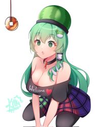 1girl @_@ artist_name bare_shoulders black_pantyhose black_shirt blush breasts chain choker cleavage clothes_writing coin coin_on_string cosplay food frog_hair_ornament fruit green_eyes green_hair hair_ornament heart hecatia_lapislazuli hecatia_lapislazuli_(cosplay) highres hypnosis kitty_(gingerlemxn) kneeling kochiya_sanae long_hair mind_control multicolored_skirt open_mouth pantyhose shirt skirt snake_hair_ornament solo touhou very_long_hair watermelon