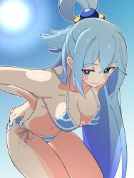 Rule 34 | 1girl, absurdres, aqua (konosuba), bare arms, bare legs, bare shoulders, beads, bikini, blue bikini, blue eyes, blue hair, blue sky, blush stickers, breasts, collarbone, commentary, day, hair beads, hair ornament, hand on own hip, highres, kono subarashii sekai ni shukufuku wo!, large breasts, leaning forward, long hair, looking at viewer, navel, noyama takenoko, outdoors, side-tie bikini bottom, sky, smile, solo, striped bikini, striped clothes, sun, swimsuit, thighs, very long hair