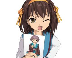 00s 1girl 3d brown_eyes brown_hair duplicate female_focus hokusen jpeg_artifacts nagato_yuki one_eye_closed photo_(object) school_uniform serafuku short_hair simple_background solo suzumiya_haruhi suzumiya_haruhi_no_yuuutsu upper_body white_background wink