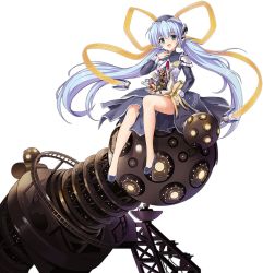 1girl aqua_hair ark_order armor artist_request badge bare_legs blue_dress blue_footwear blue_hair blue_hat bouquet bow cable dress faux_figurine flats flower full_body hair_bow hand_on_own_chest hat highres holding holding_bouquet hoshino_yumemi huge_bow light_bulb long_hair long_sleeves looking_at_viewer necktie official_art pauldrons planetarian planetarium projector red_necktie robot_ears shoulder_armor sidelocks sitting solo transparent_background twintails very_long_hair yellow_bow