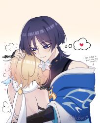 1boy 1girl absurdres aqua_flower arm_at_side armor bare_shoulders black_bodysuit black_bridal_gauntlets blonde_hair blue_cape blue_feathers blue_sleeves blunt_ends bodysuit bridal_gauntlets bright_pupils cape closed_mouth couple covered_collarbone detached_sleeves english_text eyeliner eyeshadow feathers fingernails flower genshin_impact gold gold_ring hair_flower hair_ornament hand_on_another&#039;s_back head_on_another&#039;s_shoulder headpat heart hetero highres hug japanese_armor japanese_clothes kimono kote kurokote layered_sleeves looking_at_another looking_down lumine_(genshin_impact) makeup mandarin_collar middle_ring multicolored_flower nicbuns off_shoulder puff_of_air purple_eyes purple_hair red_eyeliner red_eyeshadow scaramouche_(genshin_impact) scarf short_hair short_hair_with_long_locks short_sleeves sidelocks smile spoken_heart tsurime twitter_username wanderer_(genshin_impact) white_flower white_kimono white_pupils white_scarf white_sleeves white_trim wispy_bangs