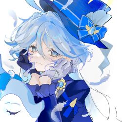 1girl ahoge ascot asymmetrical_gloves black_ascot black_gloves blue_ascot blue_brooch blue_eyes blue_hair blue_hat blue_jacket drop-shaped_pupils furina_(genshin_impact) genshin_impact gloves hair_between_eyes hat heterochromia highres jacket long_hair long_sleeves mismatched_gloves multicolored_hair ouji_fashion streaked_hair surintendante_chevalmarin symbol-shaped_pupils top_hat white_gloves white_hair yayu_yyo430