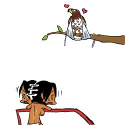 Rule 34 | 1girl, animal, arung samudra (cessa), bikini, bikini bottom only, bird, black hair, breasts, cessa, chibi, clothes theft, dark skin, heart, lowres, ombok diving and delivery services, searching, short hair, simple background, solo, swimsuit, tan, theft, topless female, underwear, underwear theft, white background, white bikini