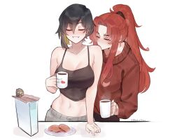 2girls big_bird_(project_moon) binah_(project_moon) black_hair black_pants black_shirt blonde_hair blush bread bread_slice cereal_box closed_eyes crop_top cup deccatezu food gebura_(project_moon) grey_pants hairband heart high_ponytail highres holding holding_cup kissing_shoulder long_hair mug multicolored_hair multiple_girls navel pants plate ponytail project_moon red_hair red_hairband red_sweater shirt sidelocks simple_background streaked_hair sweater tea toast twitter_username white_background yuri