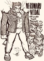 ... 1boy 1other absurdres angry chain character_name clenched_hand clenched_hands closed_eyes closed_mouth danganronpa_(series) danganronpa_2:_goodbye_despair dated doodle_inset electricity english_text facial_hair full_body greyscale hatching_(texture) highres jacket josh-s26 long_sleeves male_focus monochrome multiple_views muscular muscular_male nidai_nekomaru open_clothes open_jacket open_mouth pants profanity sandals shirt short_hair signature simple_background smile speech_bubble spoken_ellipsis standing teeth v-shaped_eyebrows veins whistle whistle_around_neck white_background