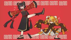 2girls black_boots black_dress black_hair boots braid braided_hair_rings chibi closed_mouth don_quixote_(project_moon) dress e.g.o_(project_moon) full_body gold_trim hair_rings highres jia_xichun_(project_moon) lihua_miliki limbus_company long_hair low_twintails multiple_girls project_moon red_background red_sheet_(e.g.o) red_shrug side_slit simple_background single_boot smile twintails very_long_hair