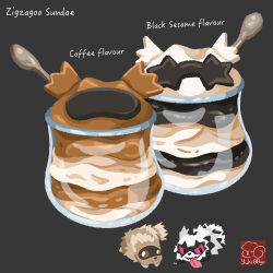 arrow_(symbol) artist_logo artist_name character-themed_food character_name cup food food_focus food_name galarian_form galarian_zigzagoon gen_3_pokemon gen_8_pokemon grey_background highres ice_cream logo nintendo no_humans pokemon pokemon_(creature) regional_and_normal simple_background spoon sundae tongue tongue_out yuki00yo zigzagoon