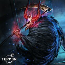 aura capcom cloak death_scythe_(devil_may_cry) demon demon_horns devil_may_cry_(series) energy glowing highres horns horror_(theme) jun_ishimaru monster monster_focus no_humans official_art scythe sin_(devil_may_cry) sin_scythe skull spirit teppen weapon