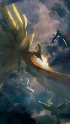 altaria animal_focus artist_name bird cloud cloudy_sky copyright_name dated english_text flygon flying from_above from_behind full_body gen_2_pokemon gen_3_pokemon gen_4_pokemon highres ho-oh honchkrow jpeg_artifacts legendary_pokemon looking_back midair nintendo no_humans one-hour_drawing_challenge outdoors pokemon pokemon_(creature) red_eyes signature sky twitter_username umi_hire