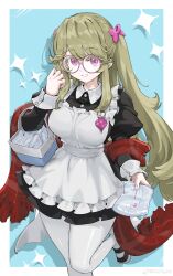 Rule 34 | 1girl, absurdres, apron, basket, black dress, black shoes, blonde hair, blue background, border, bow, breasts, chinese commentary, collared dress, commentary request, commission, dress, foot out of frame, frilled apron, frills, glasses, grin, hair bow, hand up, highres, incoming gift, juliet sleeves, jun (navigavi), large breasts, long hair, long sleeves, looking at viewer, maid, maid apron, original, outside border, pantyhose, pink-framed eyewear, pink bow, pink eyes, plaid clothes, plaid scarf, pocket tissue, puffy sleeves, red scarf, round eyewear, scarf, shoes, skeb commission, smile, solo, sparkling eyes, standing, standing on one leg, very long fingernails, very long hair, watermark, weibo watermark, white apron, white border, white pantyhose