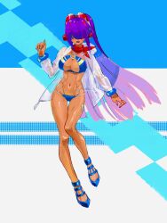 Rule 34 | 1girl, bikini, blue background, blue bikini, breasts, cairngorm999, cleavage, dark-skinned female, dark skin, hair over eyes, high ponytail, highres, jacket, joints, large breasts, layer (mega man), long hair, mega man (series), mega man x (series), navel, ponytail, purple hair, robot girl, robot joints, see-through clothes, see-through jacket, simple background, solo, swimsuit, white background, white jacket