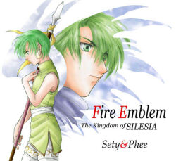 1boy 1girl bare_arms brother_and_sister ced_(fire_emblem) character_name copyright_name earrings fee_(fire_emblem) fire_emblem fire_emblem:_genealogy_of_the_holy_war green_eyes green_hair green_shirt holding holding_polearm holding_weapon jewelry lowres nintendo polearm shirt siblings sleeveless sleeveless_shirt thighhighs usachu_now weapon white_thighhighs zoom_layer