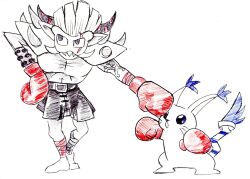 boxing_gloves cat creatures_(company) digimon fusion game_freak gen_1_pokemon highres hitmonchan holy_ring looking_at_another nintendo orgemon pikachu pokemon scar sharp_teeth tailmon teeth