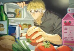 1boy adam&#039;s_apple blonde_hair blue_eyes closed_mouth commentary food fruit grey_shirt highres holding holding_food holding_fruit humanlynn male_focus nijisanji nijisanji_en potato red_bull refrigerator_interior shirt short_hair solo sonny_brisko strawberry_milk tomato virtual_youtuber