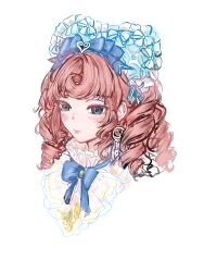 1girl absurdres blue_bonnet blue_bow blue_bowtie blue_eyes bonnet bow bowtie closed_mouth collar cropped_torso curly_hair detached_collar drill_hair earrings expressionless eyelashes frilled_collar frilled_headwear frills hair_bow hair_ornament hat hat_ribbon heart heart_hair_ornament highres huashijie_(medium) infinity_nikki jewelry light_blush lipstick lolita_fashion long_hair looking_ahead makeup multiple_hat_bows neowlody nikki_(series) orange_hair pink_lips ribbon see-through_collar simple_background solo timeless_melody_(infinity_nikki) white_background white_collar white_ribbon