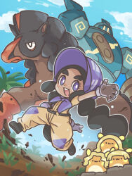 1girl :d alolan_dugtrio alolan_dugtrio_(cosplay) alolan_form alolan_raichu black_hair black_shoes bonnet bright_pupils cafe_(chuu_no_ouchi) cloud commentary_request cosplay day eyelashes gen_5_pokemon gen_7_pokemon gloves golurk hapu_(pokemon) jumpsuit long_hair mudsdale nintendo open_mouth outdoors pokemon pokemon_(creature) pokemon_sm purple_eyes shoes sky smile teeth upper_teeth_only white_pupils wig