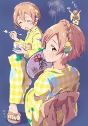 1girl alternate_hairstyle blue_background blush braid checkered_clothes checkered_kimono closed_eyes closed_mouth crown_braid feet fireworks food hair_ornament hand_fan highres holding holding_fan holding_food holding_spoon hoshizora_rin japanese_clothes kimono long_sleeves looking_at_viewer looking_back love_live! love_live!_school_idol_project multiple_views orange_hair paper_fan profile sandals sash sen_(sen0910) shaved_ice short_hair simple_background spoon toenails toes tongue tongue_out uchiwa wide_sleeves yellow_eyes yellow_kimono