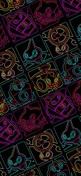 black_background creatures_(company) game_freak gen_4_pokemon highres lineart nintendo patterned pokemon pokemon_(creature) rotom rotom_(fan) rotom_(frost) rotom_(heat) rotom_(mow) rotom_(normal) rotom_(wash) sharp_teeth shichi_(7cube_ori) simple_background smile teeth wheel