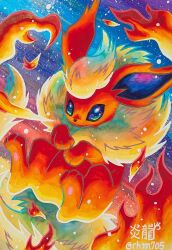 Rule 34 | absurdres, animal focus, color ink (medium), enryuu (pixiv3483358), fire, flareon, full body, gen 1 pokemon, highres, nintendo, no humans, orange fur, pokemon, pokemon (creature), pokemon focus, solo, traditional media, twitter username, yellow fur