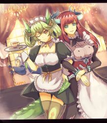 Rule 34 | 3girls, apron, blue eyes, blue hair, blue kimono, blush, breasts, chandelier, chef, closed mouth, collarbone, cup, curtains, detached collar, dragon girl, dragon horns, dragon tail, dragon wings, duel monster, eastern dragon horns, fingerless gloves, frilled apron, frilled hairband, frills, gloves, green hair, hair between eyes, hair ornament, hairband, hand on own hip, highres, holding, holding plate, horns, japanese clothes, kimono, kitchen dragonmaid, laundry dragonmaid, long hair, long sleeves, looking at another, maid apron, medium breasts, multiple girls, one eye closed, open mouth, orange eyes, parlor dragonmaid, plate, puffy long sleeves, puffy sleeves, red hair, short hair, short twintails, smile, tail, teacup, thighhighs, twintails, twitter username, waist apron, white apron, wide sleeves, wings, wrist cuffs, yellow thighhighs, yu-gi-oh!, yukari (ykykr3), zettai ryouiki