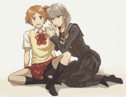 2boys black_serafuku black_shirt black_shorts black_skirt black_socks braid brown_eyes brown_hair collared_shirt commentary_request crossdressing crossdressing_(mtf) food-themed_hair_ornament full_body grey_eyes grey_hair hair_ornament hanamura_yousuke highres kameko03 kneehighs long_hair long_skirt long_sleeves looking_at_viewer male_focus multiple_boys narukami_yu open_mouth persona persona_4 red_skirt school_uniform serafuku shirt short_hair short_sleeves shorts shorts_under_skirt side_ponytail simple_background sitting skirt socks strawberry_hair_ornament sweater_vest twin_braids vest white_background white_shirt yasogami_school_uniform yellow_vest