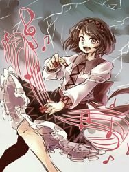1girl beamed_quavers brown_eyes brown_hair crotchet_rest female_focus hairband instrument juliet_sleeves koto_(instrument) lightning long_sleeves musical_note namuko open_mouth petticoat pigeon-toed puffy_sleeves quaver short_hair skirt solo musical_staff touhou treble_clef tsukumo_yatsuhashi