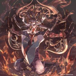 1girl bracelet breasts brown_hair chunithm closed_mouth commentary_request covered_navel dress extra_arms fire hair_rings highres holding holding_sword holding_weapon honou_no_seirei_(chunithm) jewelry lamia looking_ahead monster_girl orange_eyes pelvic_curtain pointy_ears red_dress short_hair small_breasts so-taro solo sword weapon