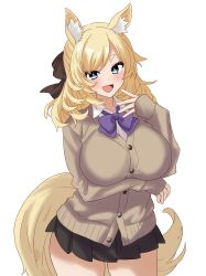 1girl absurdres alternate_costume animal_ears arknights arm_under_breasts black_bow black_skirt blonde_hair blue_eyes blush bow bowtie breasts brown_cardigan cardigan collared_shirt commentary cowboy_shot fang hair_bow hand_to_own_mouth highres horse_ears horse_girl horse_tail large_breasts long_hair looking_at_viewer midori10 miniskirt open_mouth pleated_skirt purple_bow purple_bowtie shirt short_eyebrows simple_background skirt sleeves_past_wrists smile solo standing tail whislash_(arknights) white_background white_shirt wing_collar