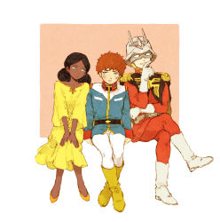1girl 2boys amuro_ray artist_request black_hair boots brown_hair char_aznable dark-skinned_female dark_skin dress gloves green_eyes gundam helmet lalah_sune mask military military_uniform mobile_suit_gundam multiple_boys sitting