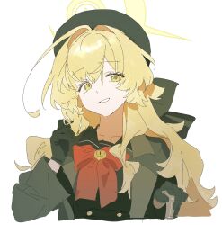 Rule 34 | 1girl, black coat, black gloves, black hat, blonde hair, blue archive, bow, cane, coat, gloves, green eyes, grin, halo, hand in own hair, hand up, hat, highres, holding, holding cane, long hair, looking at viewer, open clothes, open coat, professor niyaniya (blue archive), red bow, shirt, simple background, smile, solo, upper body, white background, yellow halo, yu-y (824412)