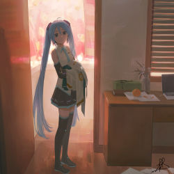 1girl absurdres black_boots black_skirt black_sleeves black_thighhighs blue_eyes blue_hair blue_necktie boots chinese_commentary closed_mouth collared_shirt commentary_request computer detached_sleeves food fruit full_body hatsune_miku highres holding holding_unworn_clothes indoors laptop linpiu long_hair looking_at_viewer necktie orange_(fruit) paper plant potted_plant shirt signature skirt sleeveless sleeveless_shirt smile solo standing thigh_boots thighhighs twintails vase very_long_hair vocaloid white_shirt window_blinds wooden_floor